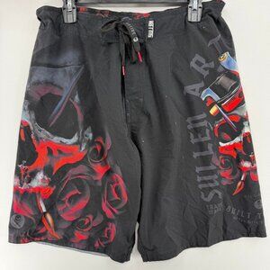 Sullen Art Collective Board Shorts Mens 34 11" Swim Trunks Skull Grunge AOP